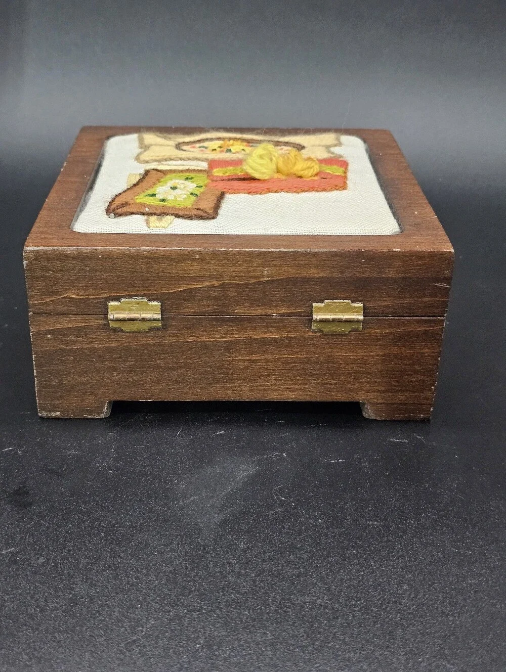 Vintage Embroidered / Crewel Wooden Jewelry Box with Sewing Motif